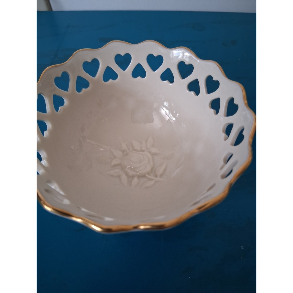 Lenox Pierced Heart Scalloped Bowl Ivory Gold Trim Embossed Rose Made in USA 3in